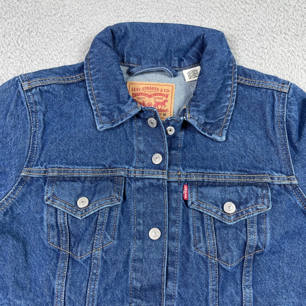 Levis Trucker Denim Jacket Womens‎ Medium Blue Varsity Stripe Ribbed Trim Cotton - Picture 3 of 12